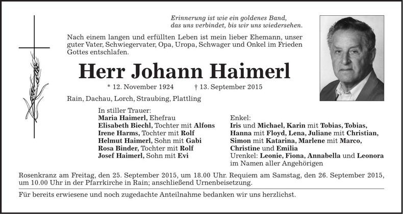 Traueranzeige Johann Haimerl