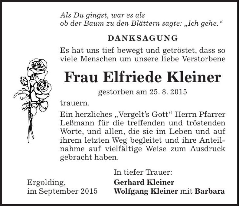 Traueranzeige Elfriede Kleiner