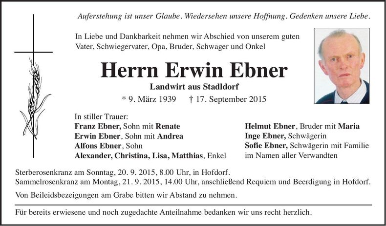Traueranzeige Erwin Ebner