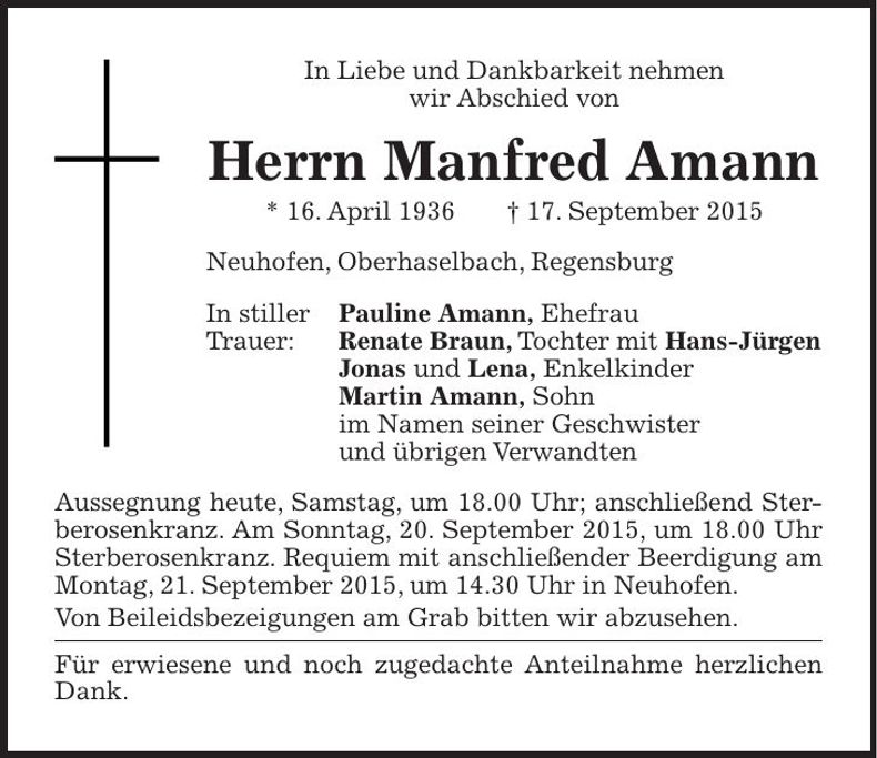 Traueranzeige Manfred Amann