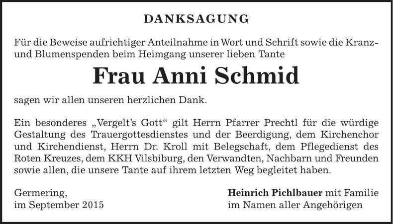 Traueranzeige Anni Schmid