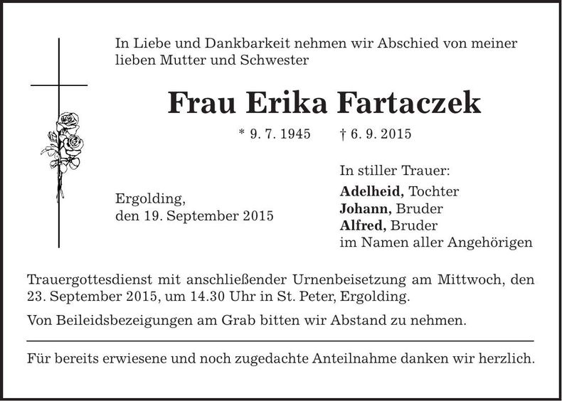 Traueranzeige Erika Fartaczek