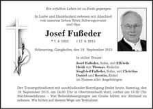 Traueranzeige Josef Fußeder