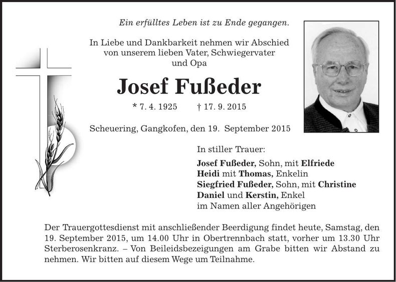 Traueranzeige Josef Fußeder