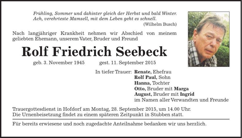 Traueranzeige Rolf Friedrich Seebeck