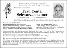 Traueranzeige Centa Schwarzensteiner