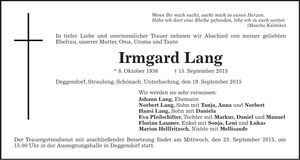 Traueranzeige Irmgard Lang