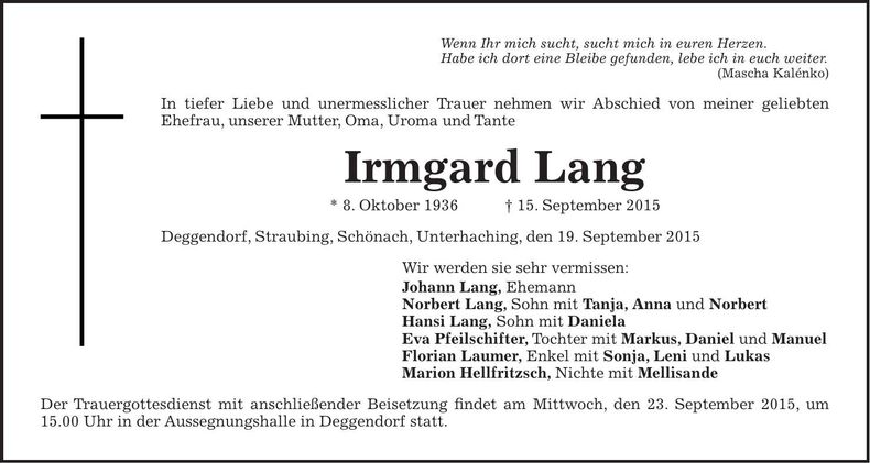 Traueranzeige Irmgard Lang
