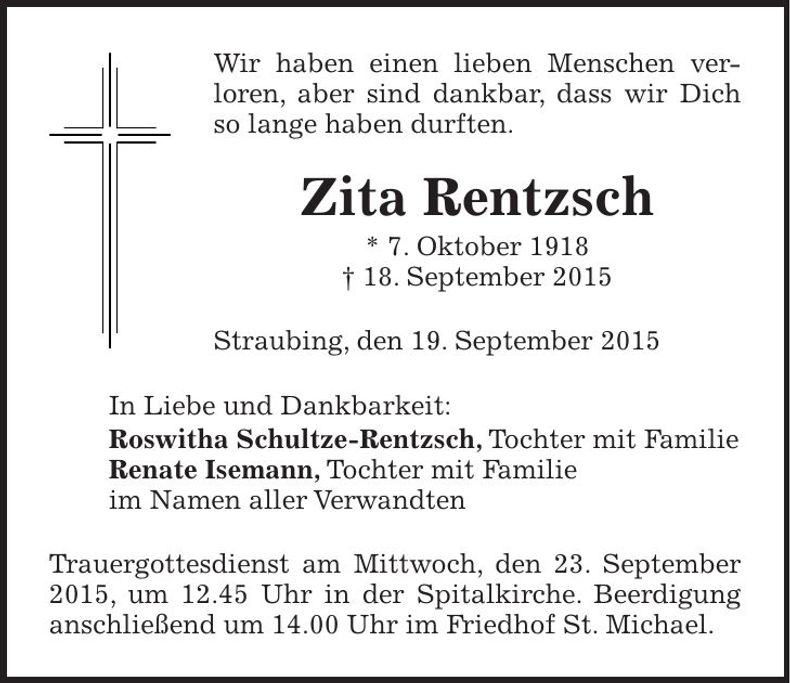 Traueranzeige Zita Rentsch