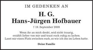 Traueranzeige Hans-Jürgen Hofbauer