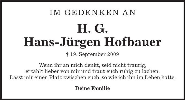 Traueranzeige Hans-Jürgen Hofbauer