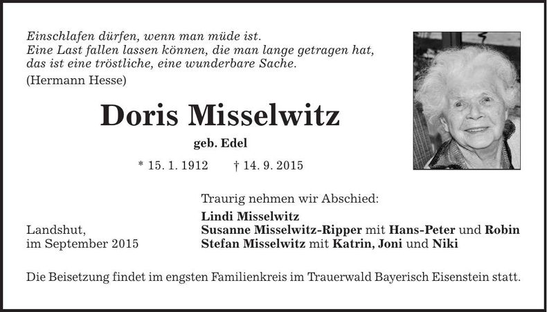 Traueranzeige Doris Misswlwitz