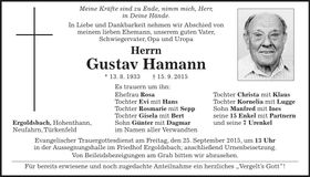 Traueranzeige Gustav Hamann