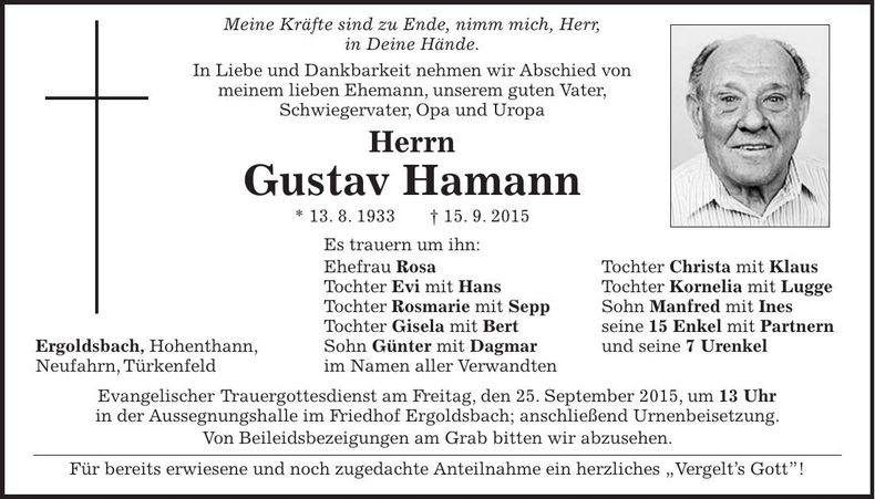 Traueranzeige Gustav Hamann