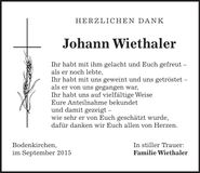 Traueranzeige Johann Wiethaler