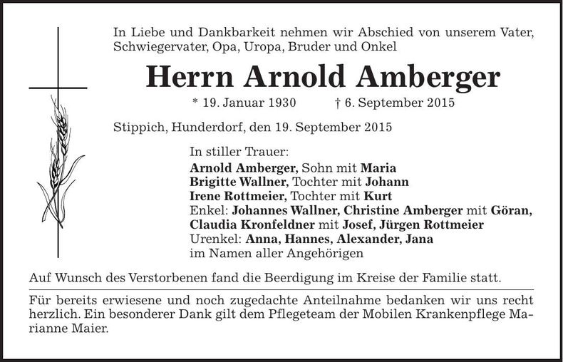 Traueranzeige Arnold Amberger