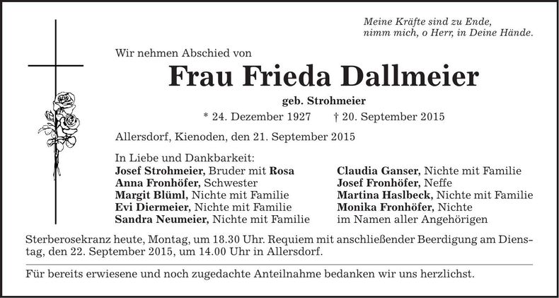 Traueranzeige Frieda Dallmeier