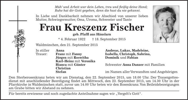 Traueranzeige Kreszenz Fischer