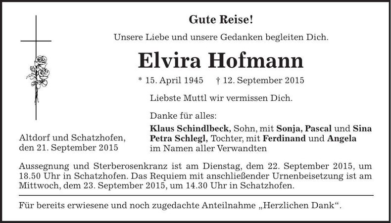 Traueranzeige Elvira Hofmann