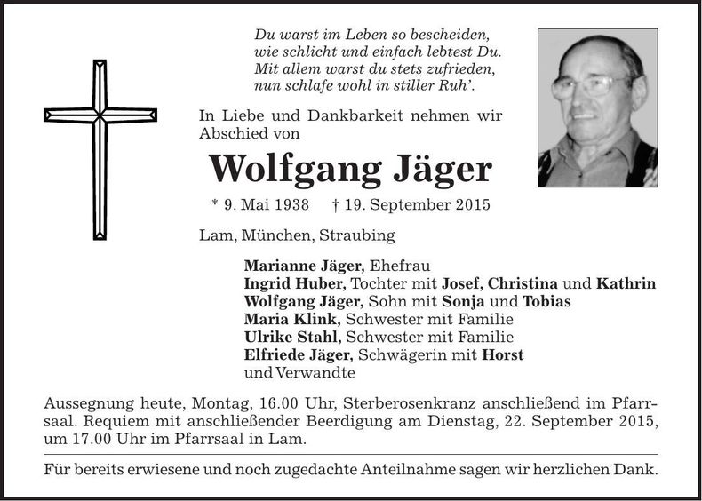 Traueranzeige Wolfgang Jäger