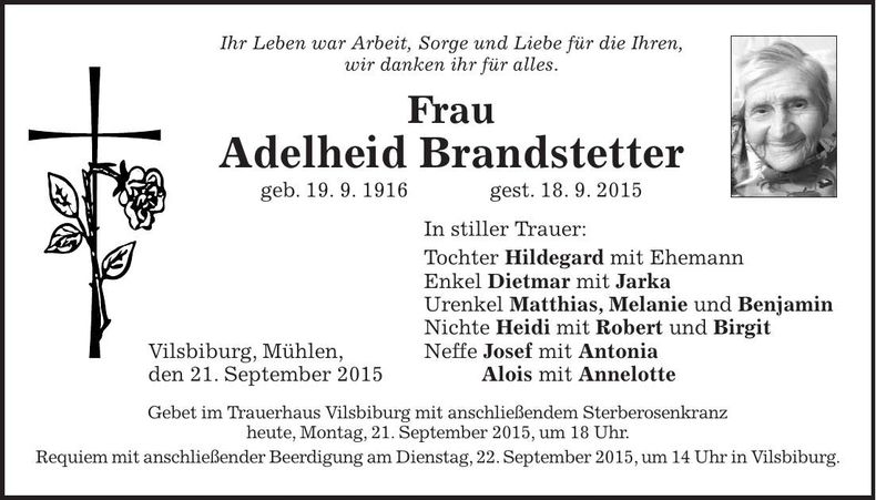 Traueranzeige Adelheid Brandstetter