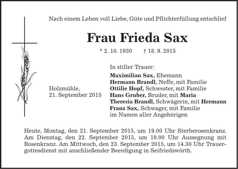 Traueranzeige Frieda Sax
