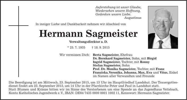 Traueranzeige Hermann Sagmeister