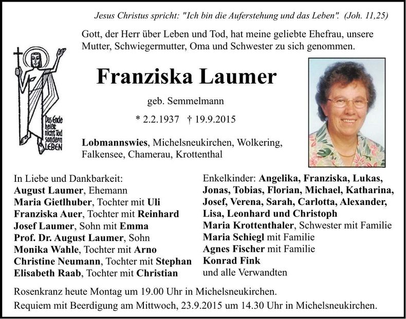 Traueranzeige Franziksa Laumer