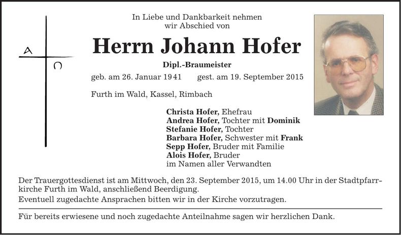Traueranzeige Johann Hofer