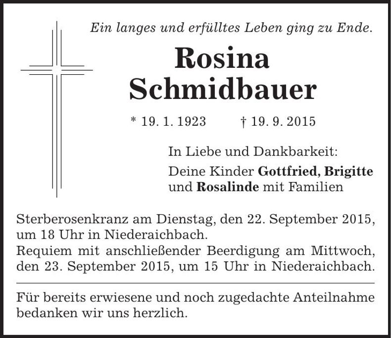 Traueranzeige Rosina Schmidbauer
