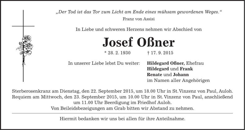 Traueranzeige Josef Oßner