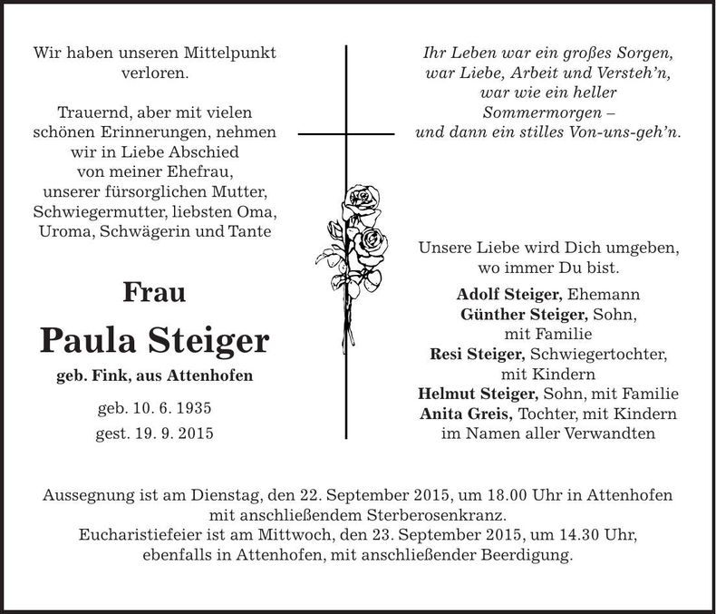 Traueranzeige Paula Steiger