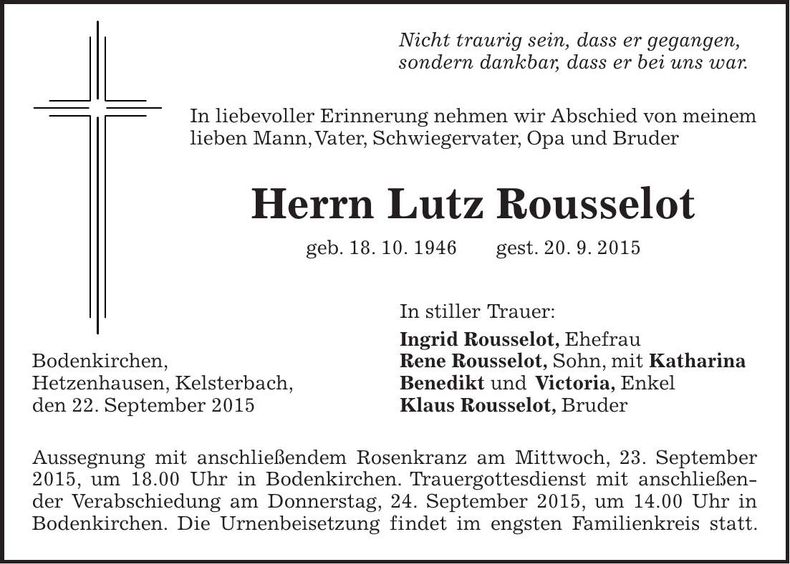 Traueranzeige Lutz Rousselot