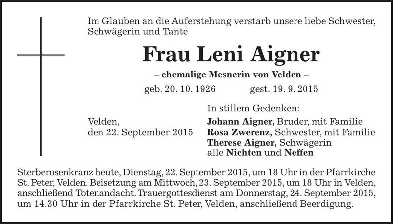 Traueranzeige Leni Aigner