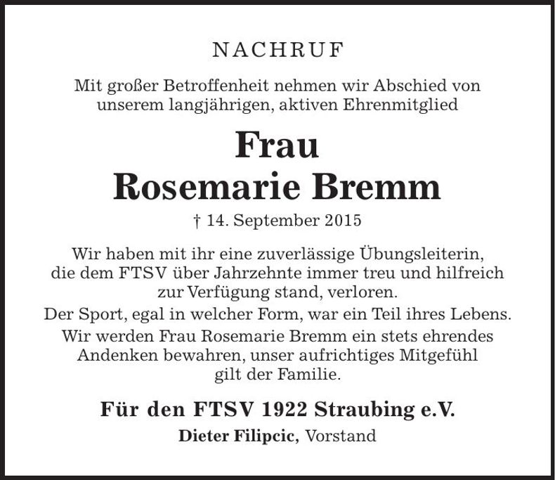 Traueranzeige Rosemarie Bremm