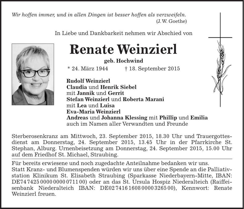 Traueranzeige Renate Weinzierl