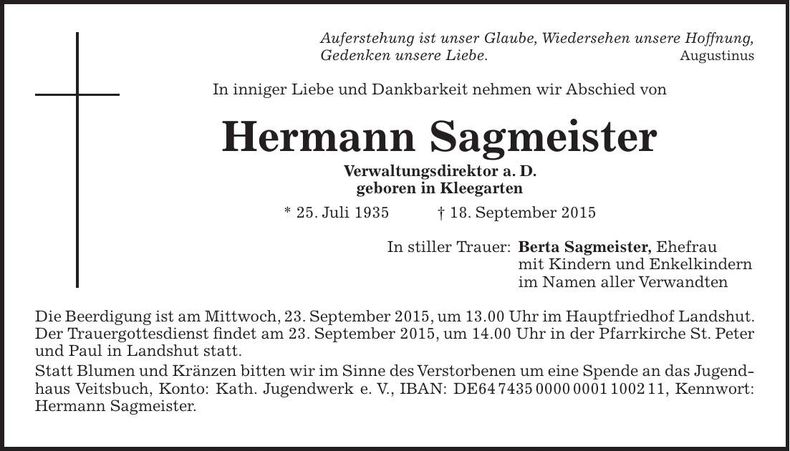 Traueranzeige Hermann Sagmeister