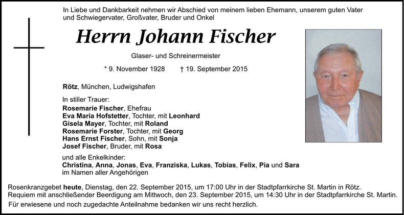 Traueranzeige Johann Fischer