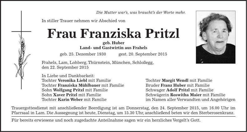 Traueranzeige Franziska Pritzl