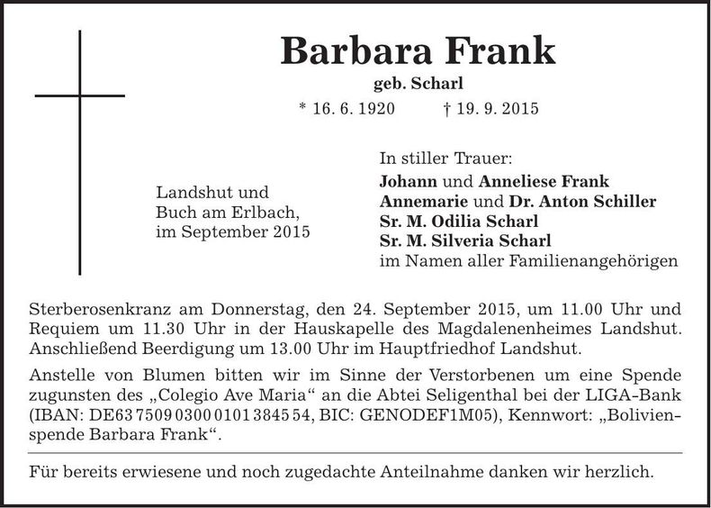 Traueranzeige Barbara Frank