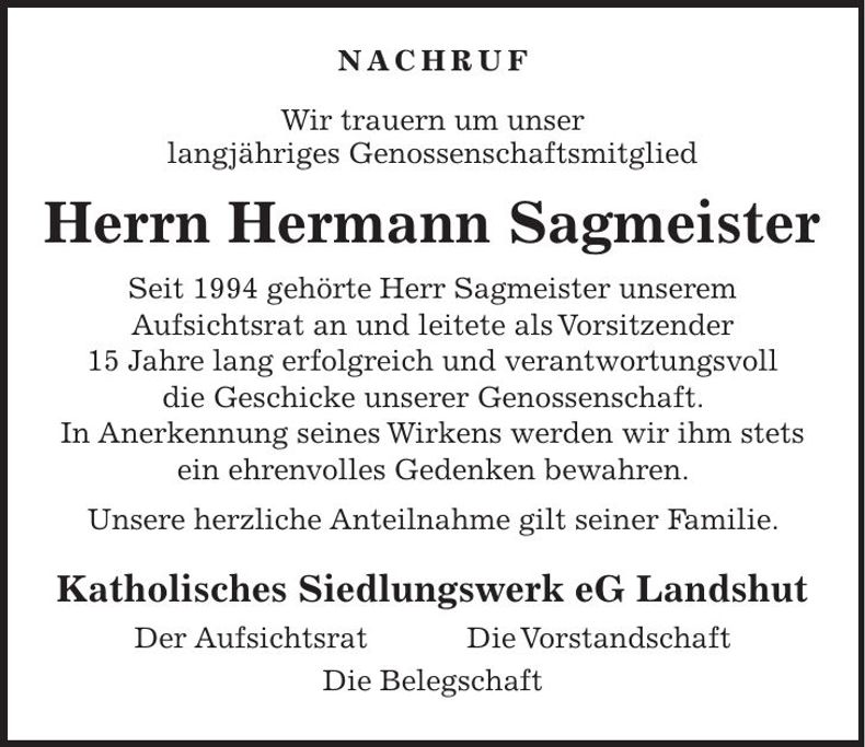 Traueranzeige Hermann Sagmeister