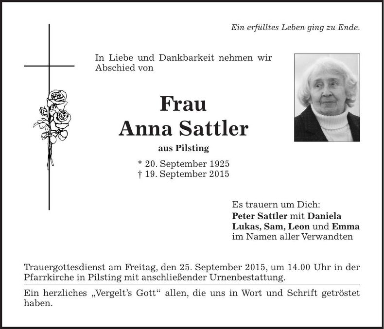 Traueranzeige Anna Sattler