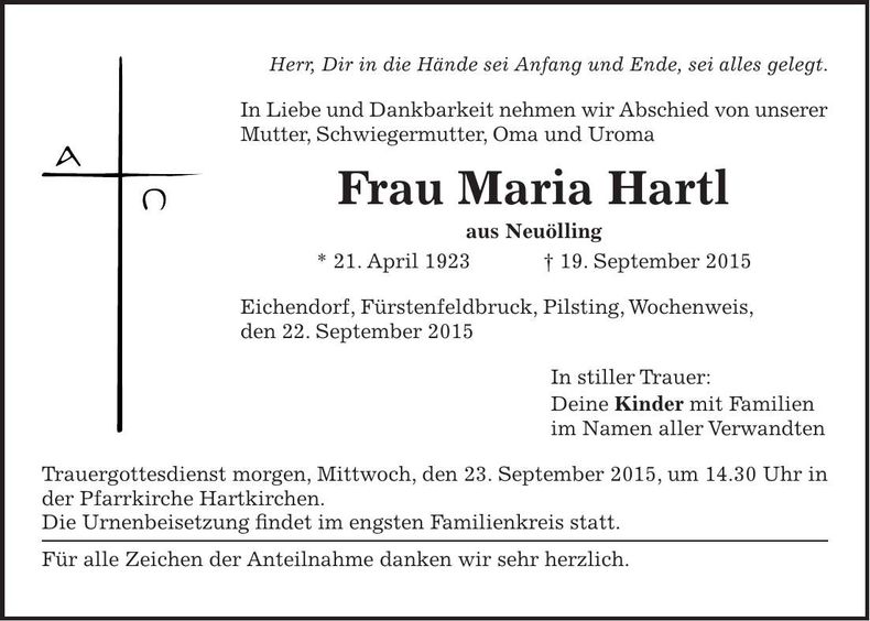 Traueranzeige Maria Hartl