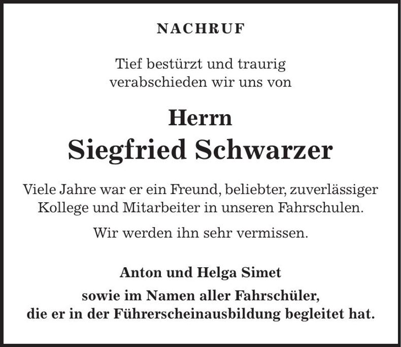 Traueranzeige Siegfired Schwarzer
