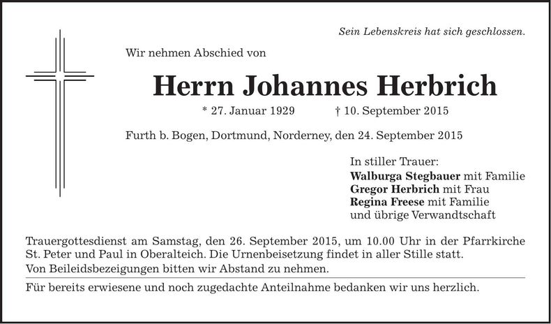 Traueranzeige Johannes Herbrich