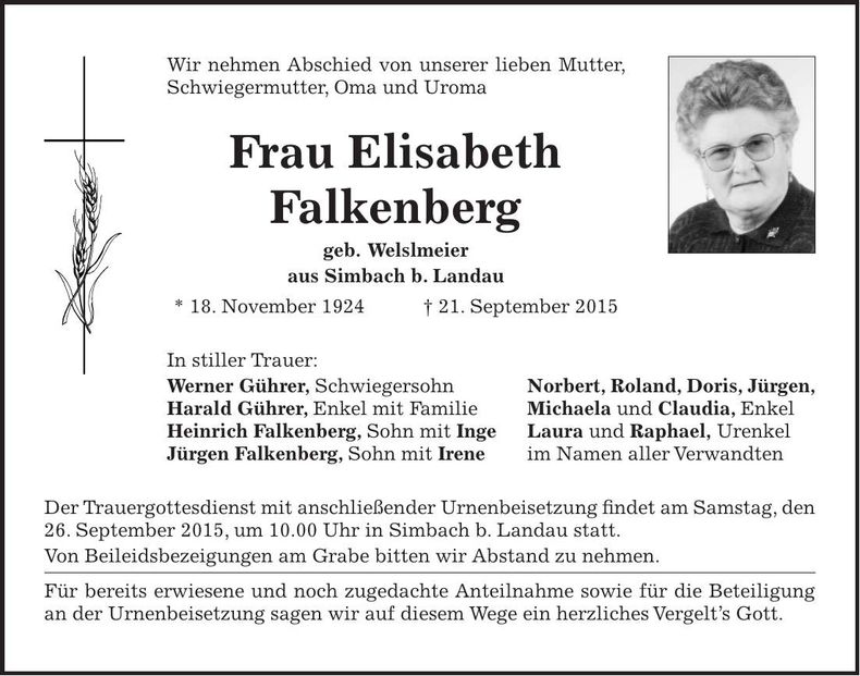 Traueranzeige Elisabeth Falkenberg