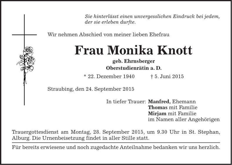 Traueranzeige Monika Knott