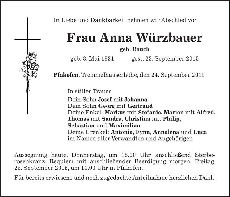 Traueranzeige Anna Würzbauer