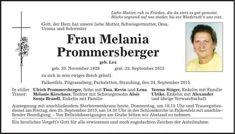 Traueranzeige Melania Prommersberger