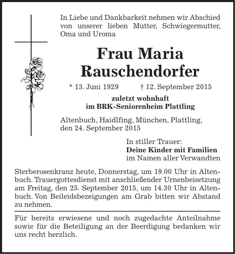Traueranzeige Maria Rauschendorfer